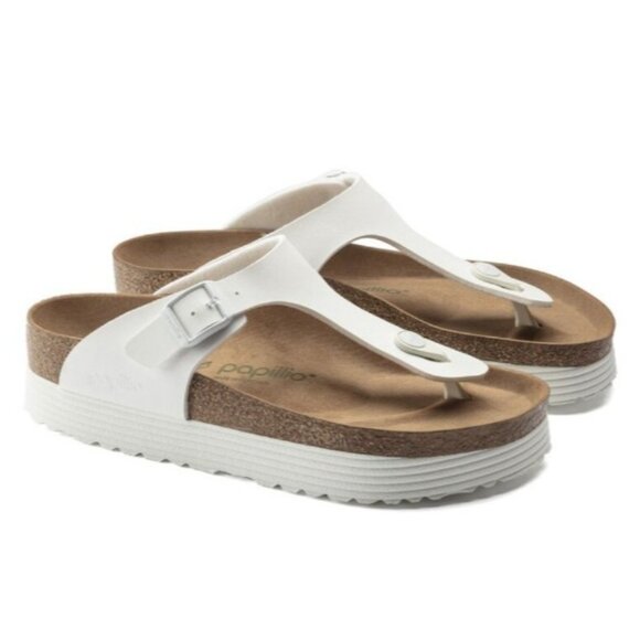 PapilliobyBirkenstock Gizeh Platform Sandals White Leather Cork Footbed Comfort - Picture 2 of 15